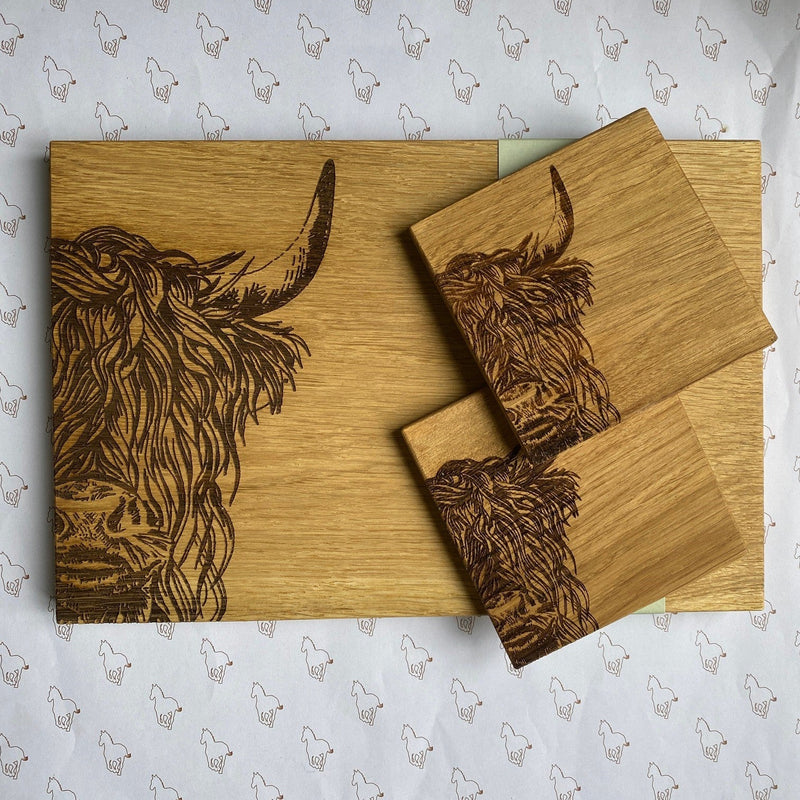 "Highland Cow" Pair of Oak Coasters - Gallop Guru