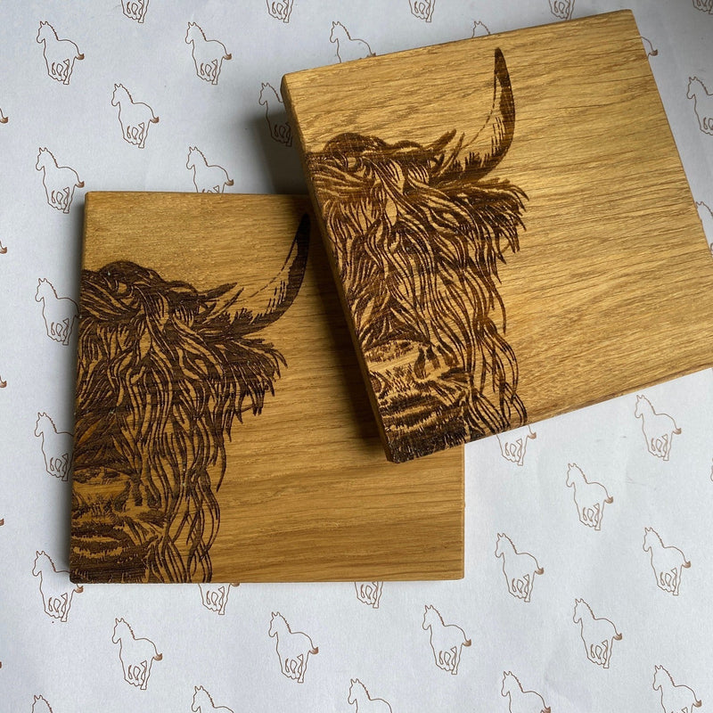 "Highland Cow" Pair of Oak Coasters - Gallop Guru